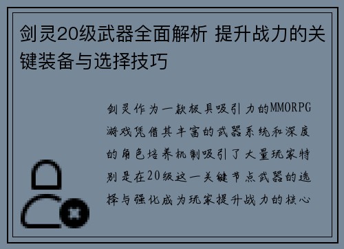 剑灵20级武器全面解析 提升战力的关键装备与选择技巧